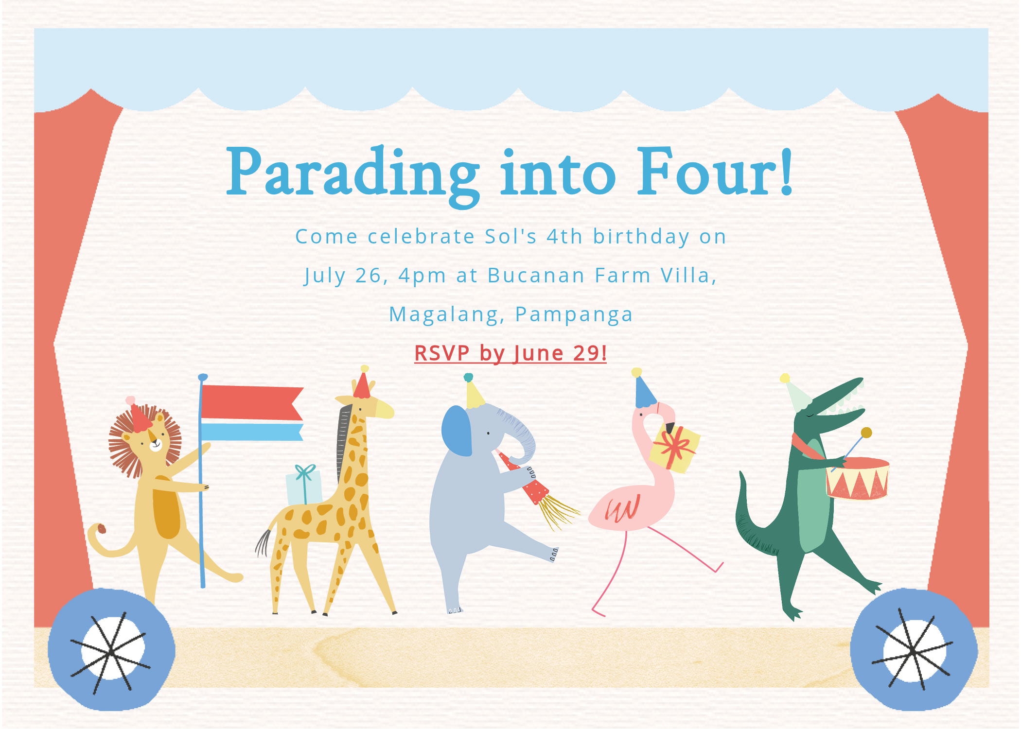 Sol's 4th Birthday Invitation — Parading into Four!